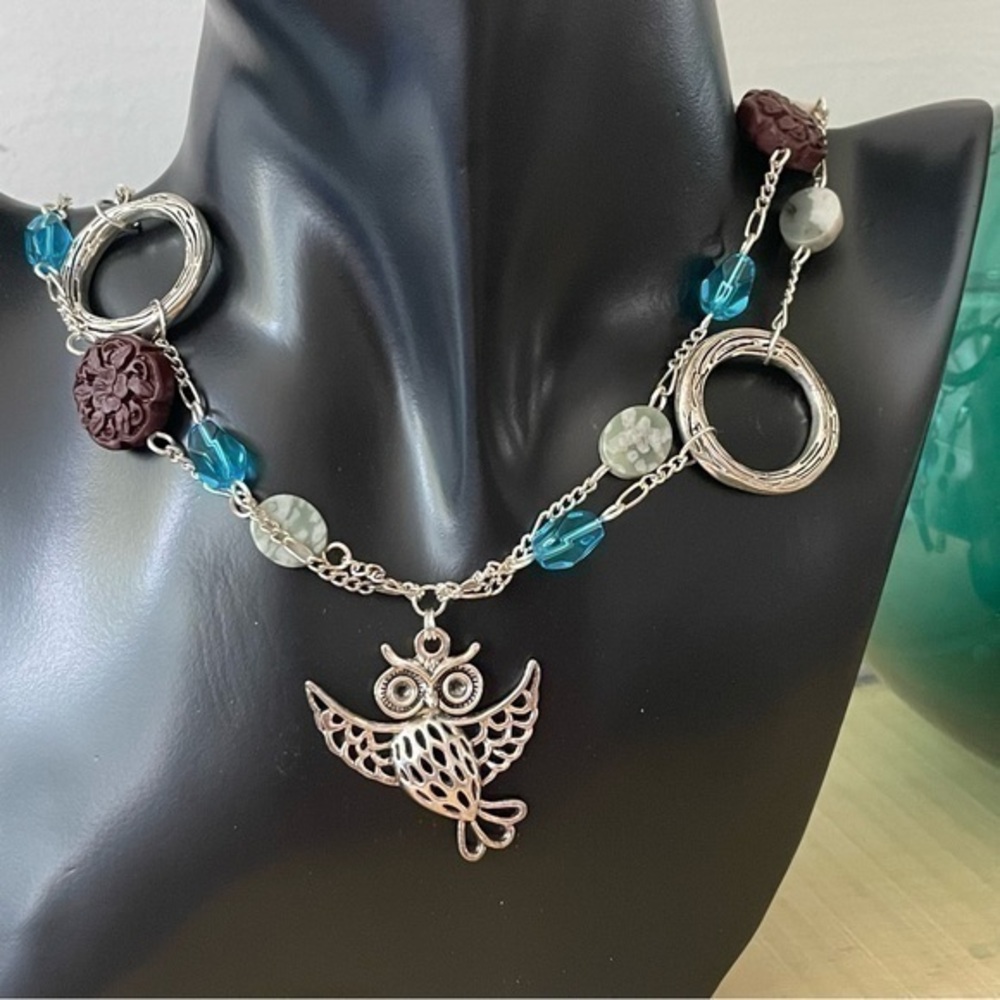 $49 SALE Handmade Layered Owl Pendant Statement Necklace Metal 21” Bird Gift